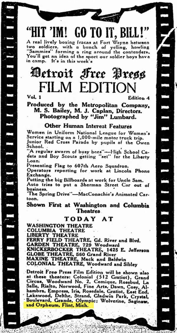 Orpheum Theatre - 1918 Listing From Detroit Paper